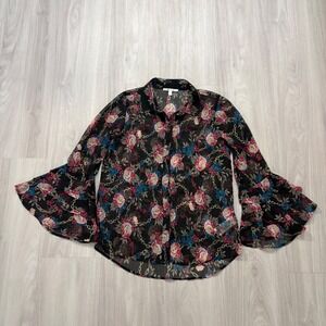 Seven 7 Women Blouse Black Floral Gold Chain Sheer Tiered Bell Sleeve Top Size M